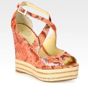 Brian Atwood "Dekoda" Snake-Print Espadrille Wedges Sz 9